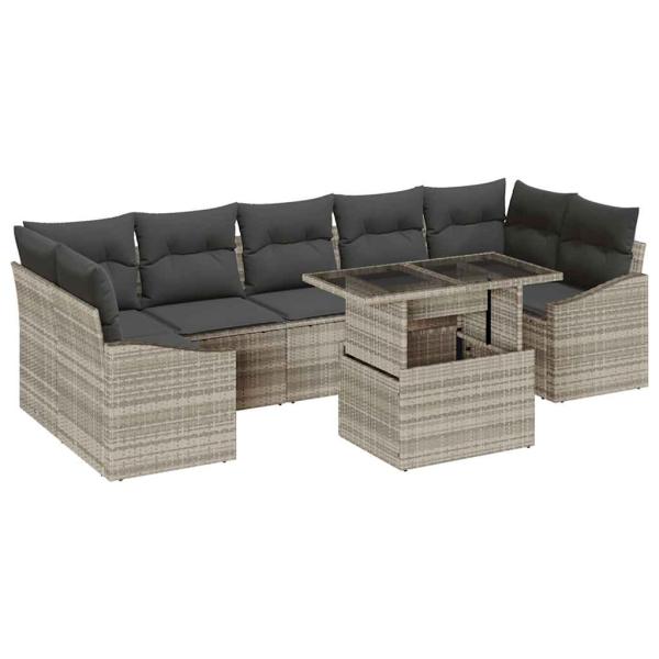 8-teiliges Garten-Sofa-Set mit Kissen Hellgrau Poly-Rattan