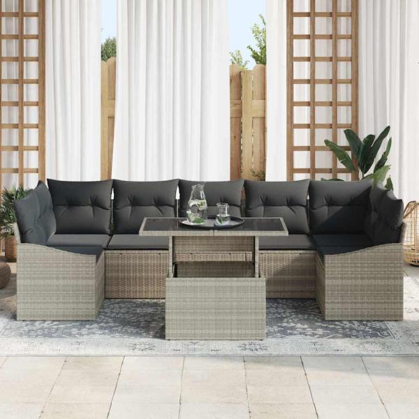 8-teiliges Garten-Sofa-Set mit Kissen Hellgrau Poly-Rattan