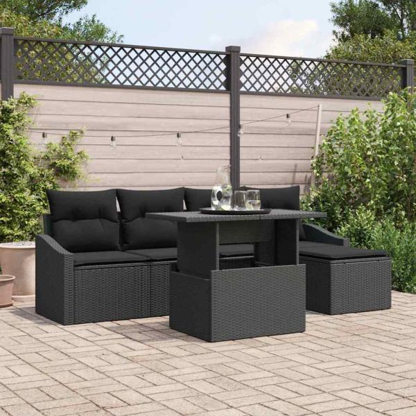 ARDEBO.de - 6-teiliges Garten-Sofa-Set mit Kissen Schwarz Poly-Rattan