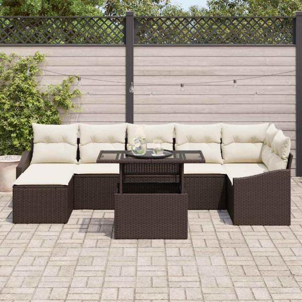 Gartensofa-set mit Kissen 8 pcs Braun und Creme Poly-Rattan