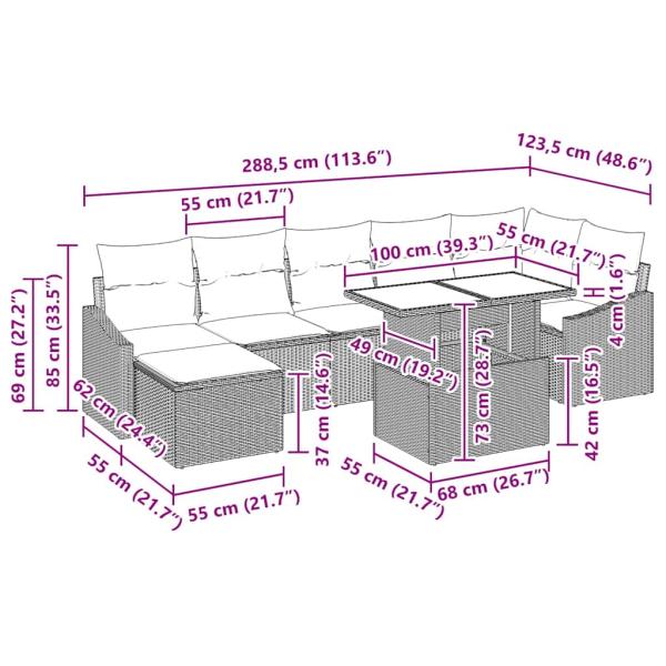 8-teiliges Garten Sofa Set mit Kissen in Hellgrau aus Poly Rattan