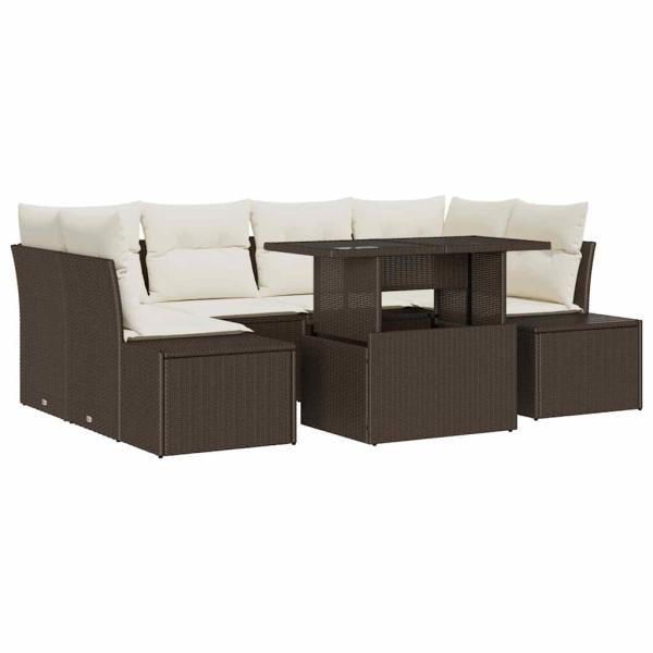 7-teiliges Garten Sofaset mit Kissen Braun Poly Rattan
