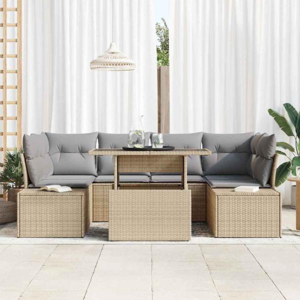 7 Teiliges Garten Sofa Set mit Kissen Beige Poly Rattan