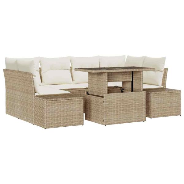 7-teiliges Garten Sofa Set mit Kissen Beige Poly Rattan
