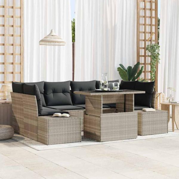 ARDEBO.de - 7-teiliges Garten-Sofa-Set mit Kissen in Hellgrau aus Poly-Rattan