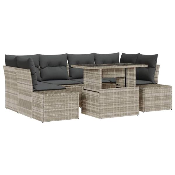 7-teiliges Garten-Sofa-Set mit Kissen in Hellgrau aus Poly-Rattan