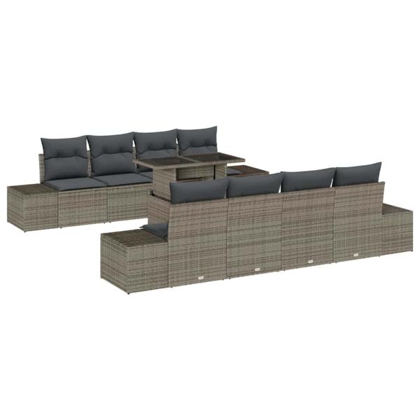 9-teiliges Garten Sofa Set mit Kissen Grau Poly Rattan