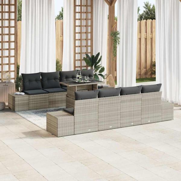 ARDEBO.de - 9-teiliges Garten-Sofa-Set mit Kissen in hellgrauem Poly-Rattan