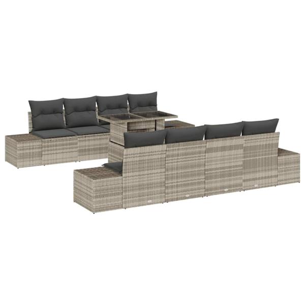9-teiliges Garten-Sofa-Set mit Kissen in hellgrauem Poly-Rattan