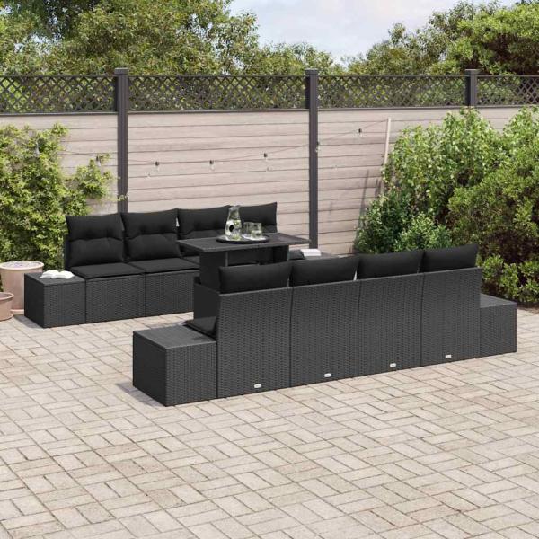 9-teiliges Garten-Sofaset mit Kissen Schwarz Poly-Rattan