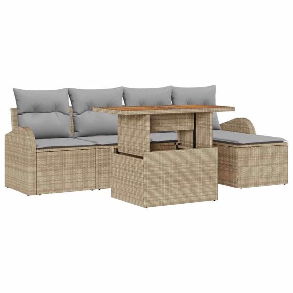 6-teiliges Garten Essset mit Kissen Beige Poly Rattan Akazie