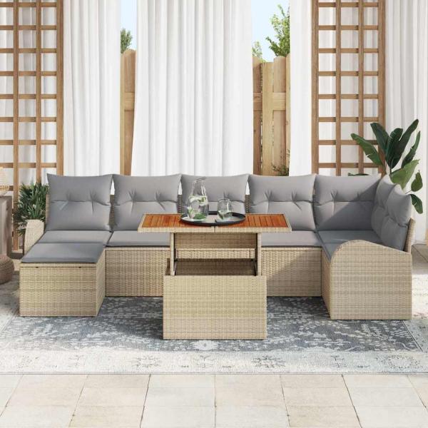 8-teiliges Garten-Ess-Set mit Kissen Beige Poly Rattan Akazie