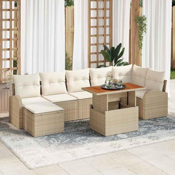 ARDEBO.de - 8-teiliges Garten-Esszimmer-Set mit Kissen Beige Poly Rattan Akazie