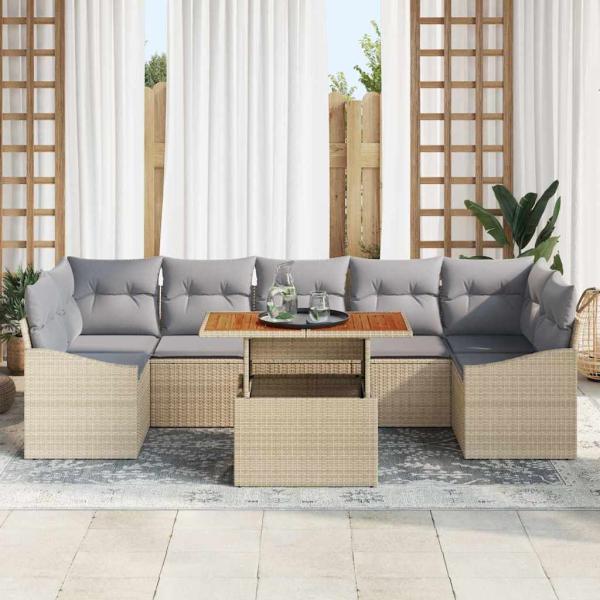 8-teiliges Garten Essset mit Kissen Beige Poly Rattan Akazie