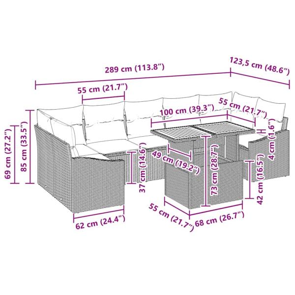 8-teiliges Garten Essset mit Kissen Beige Poly Rattan Akazie