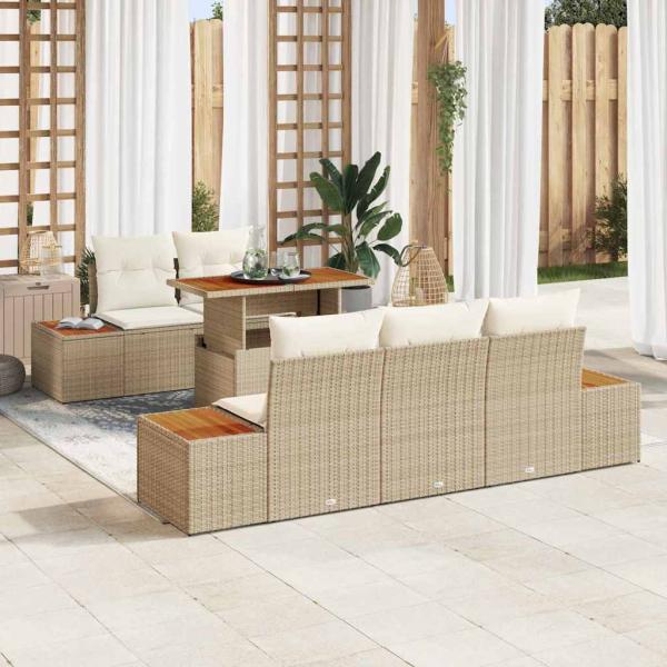 ARDEBO.de - 6-teilige Garten Essgruppe mit Kissen Beige Poly Rattan Akazie