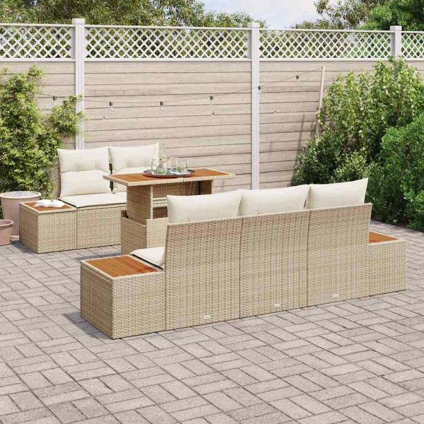 6-teilige Garten Essgruppe mit Kissen Beige Poly Rattan Akazie
