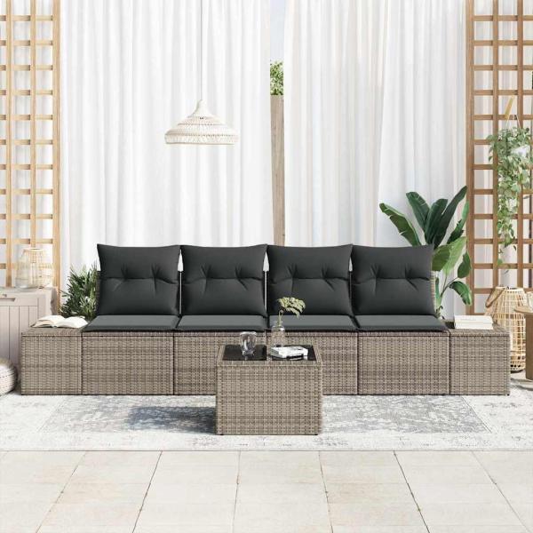 5-teiliges Garten Sofa Set mit Kissen Grau Poly-Rattan