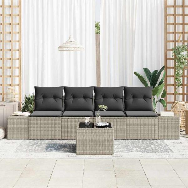 5-teiliges Garten Sofa Set mit Kissen Hellgrau Poly-Rattan