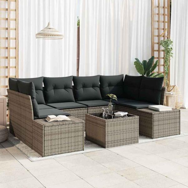 ARDEBO.de - 7-teiliges Garten-Sofa-Set mit Kissen Grau Poly-Rattan