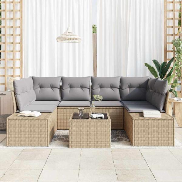 7-teiliges Garten-Sofa-Set mit Kissen Beige Polyrattan