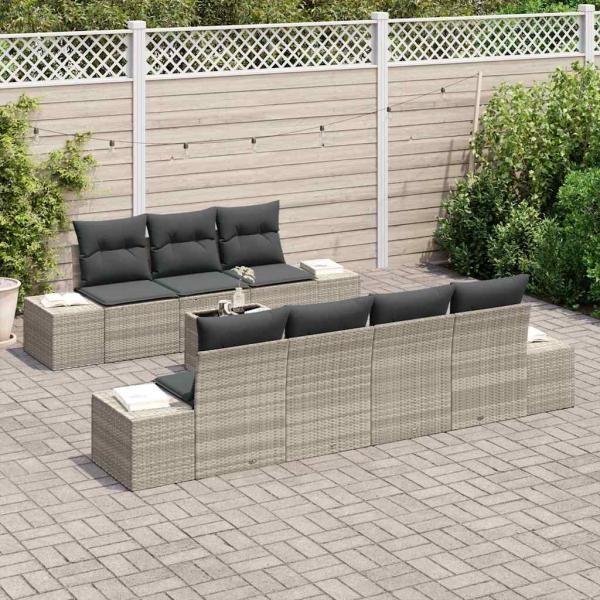 8-teiliges Garten Sofa Set mit Kissen Hellgrau Poly Rattan