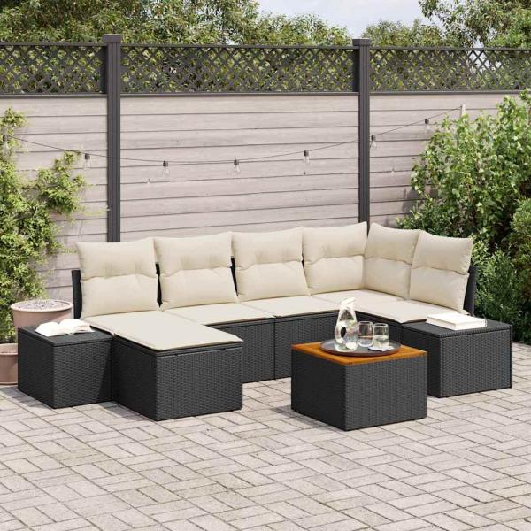ARDEBO.de - 7-teiliges Garten Sofa Set mit Kissen Schwarz Poly Rattan Akazie