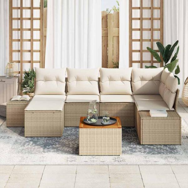 7-teiliges Gartensofa Set mit Kissen Beige Poly Rattan Akazie
