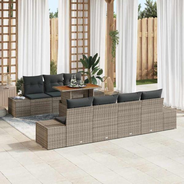 ARDEBO.de - 8-teiliges Garten Sofa Set mit Kissen Grau Poly Rattan