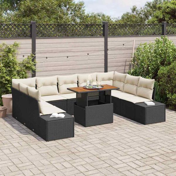 ARDEBO.de - 10-teiliges Garten Sofa Set mit Kissen Schwarz Poly Rattan