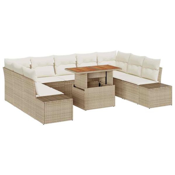 10-teiliges Garten-Sofa-Set mit Kissen Beige Poly-Rattan