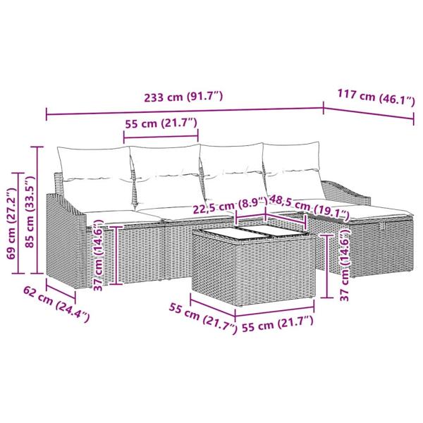 6-teiliges Garten-Sofa-Set mit Kissen Grau Poly-Rattan
