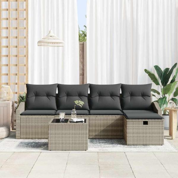 6-teiliges Garten Sofa Set mit Kissen in Hellgrau aus Poly Rattan