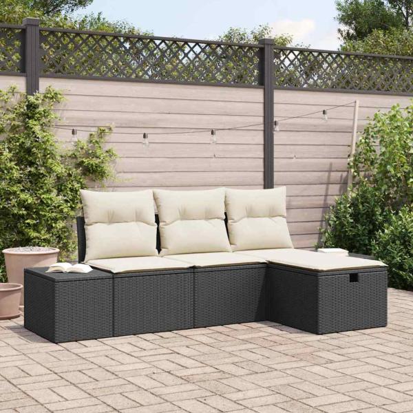 ARDEBO.de - 4-teiliges Garten Sofa Set mit Kissen Schwarz Poly Rattan