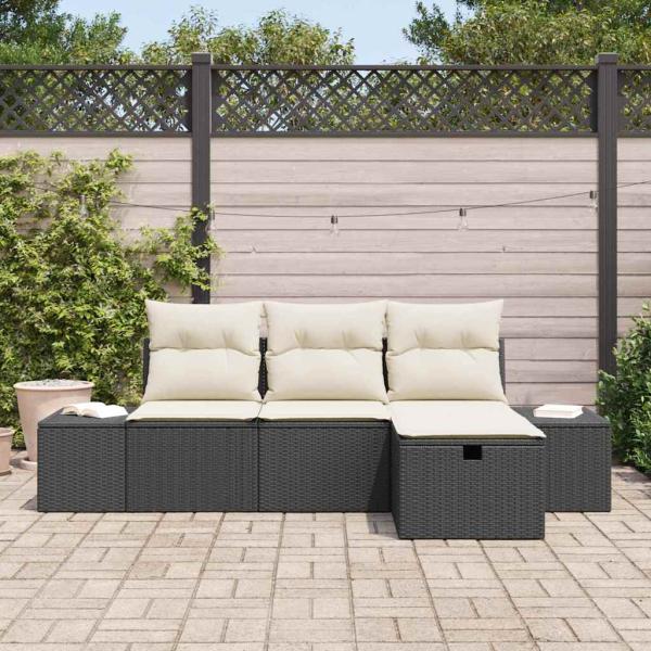 4-teiliges Garten Sofa Set mit Kissen Schwarz Poly Rattan