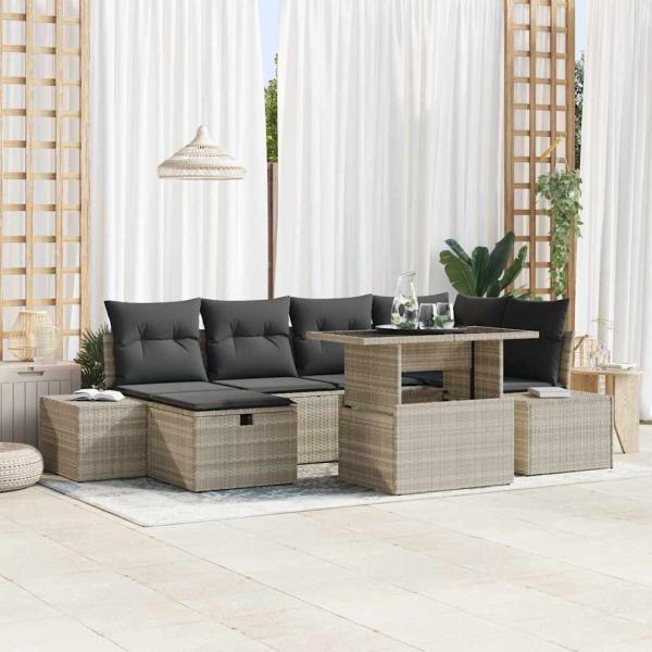 ARDEBO.de - 7-teiliges Garten Sofa Set mit Kissen Hellgrau Poly Rattan