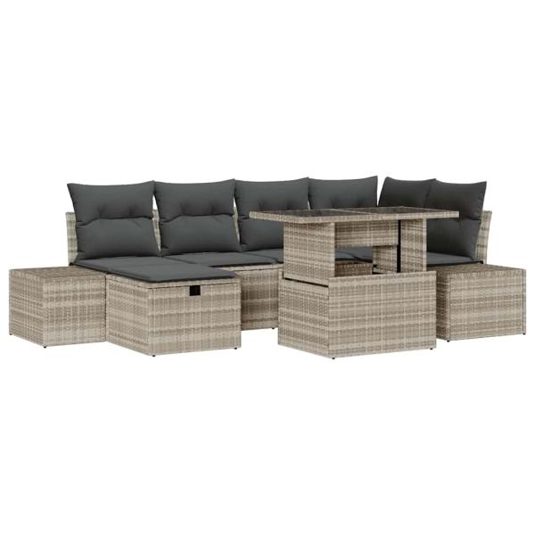 7-teiliges Garten Sofa Set mit Kissen Hellgrau Poly Rattan