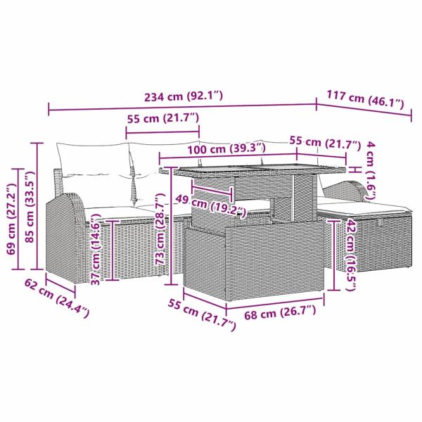 6-teiliges Garten Sofa Set mit Kissen Beige Poly Rattan