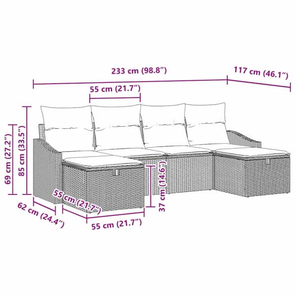 6-teiliges Garten-Sofa-Set mit Kissen in Grau aus Poly-Rattan