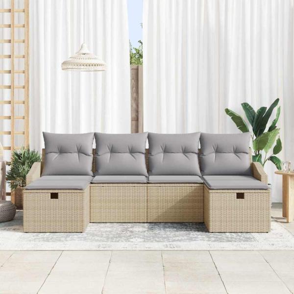6-teiliges Garten Sofa Set mit Kissen Beige Poly Rattan
