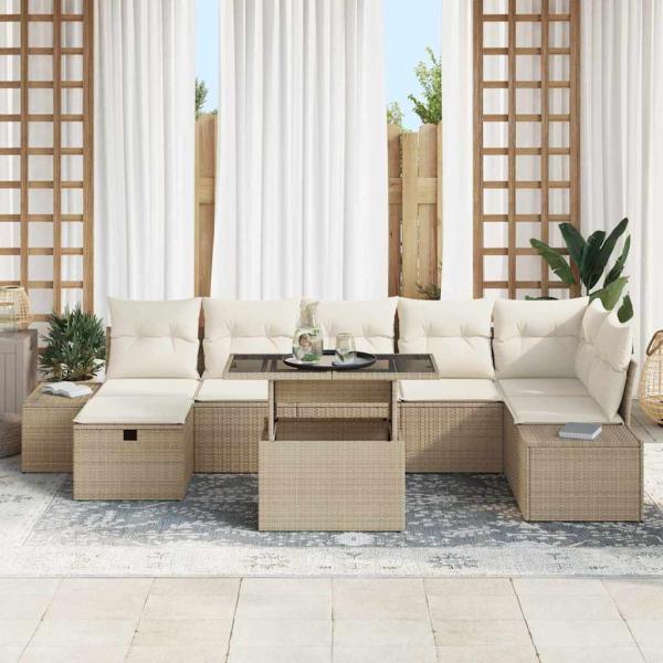 ARDEBO.de - 8 Teiliges Garten Sofa Set mit Kissen Beige Poly Rattan
