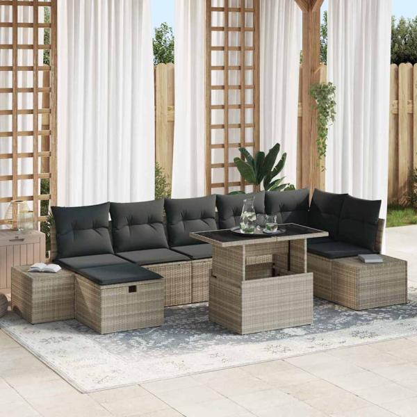 ARDEBO.de - 8-teiliges Garten-Sofa-Set mit Kissen in Hellgrau Poly-Rattan