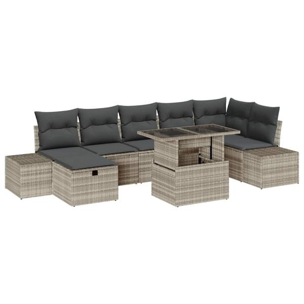8-teiliges Garten-Sofa-Set mit Kissen in Hellgrau Poly-Rattan