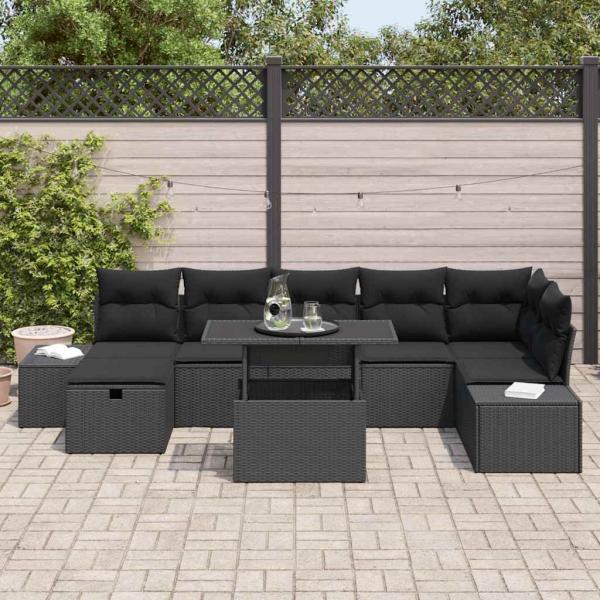 8-teiliges Garten-Sofa-Set mit Kissen Schwarz Poly Rattan
