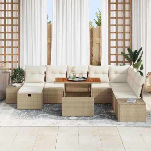 9-teiliges Garten-Ess-Set mit Kissen Beige Poly Rattan Akazie