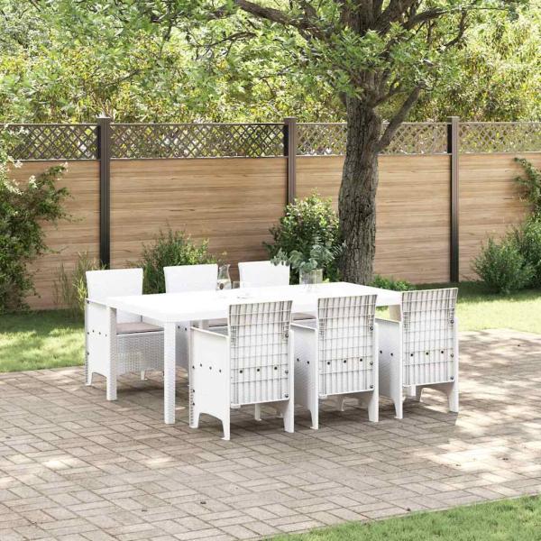 ARDEBO.de - 7-tlg. Garten Essgruppe mit Kissen Weiß Poly-Rattan