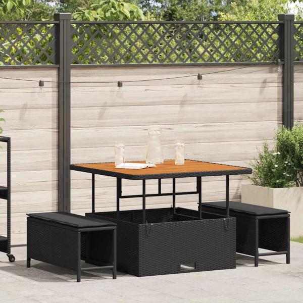 ARDEBO.de - 3-teiliges Garten Esszimmer Set mit Kissen Schwarz Poly Rattan Akazie
