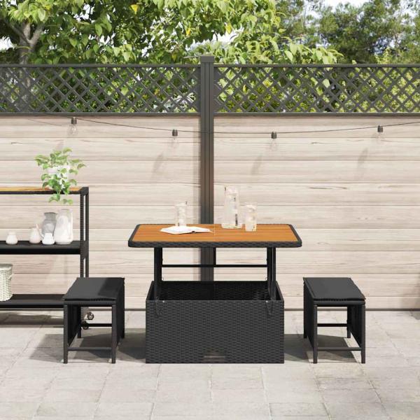 3-teiliges Garten Esszimmer Set mit Kissen Schwarz Poly Rattan Akazie