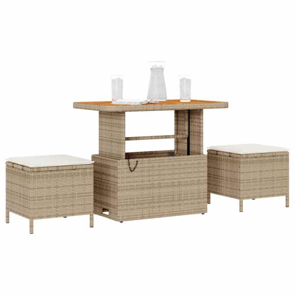 3-teiliges Garten Essset mit Kissen Beige Poly Rattan Akazie
