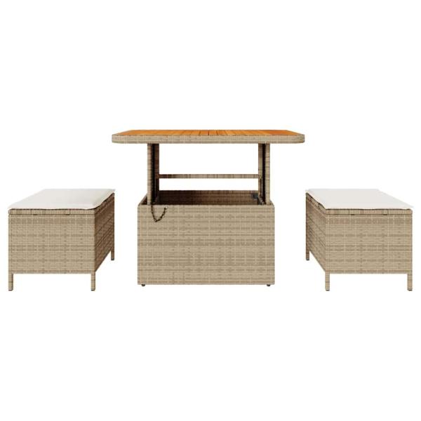 3-teiliges Garten Essset mit Kissen Beige Poly Rattan Akazie